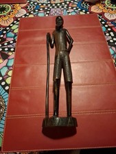 African Tribal Man with His Stick Wood Hand Carved Statue Figure