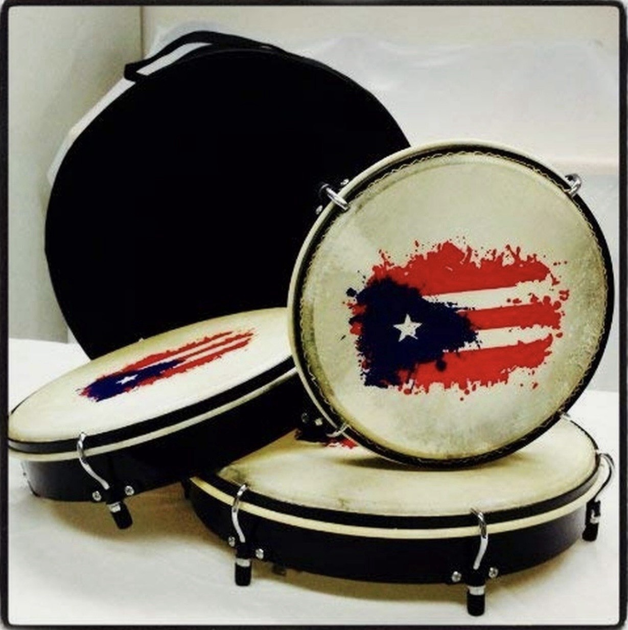 5d2 3 Pc Set de Panderos With Bag- Pleneras PVC Drums with Puerto Rico Flag -