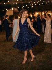 Eliza J Womens Size 8 Navy 3D Floral Sequin Dress NWT Wedding Pockets