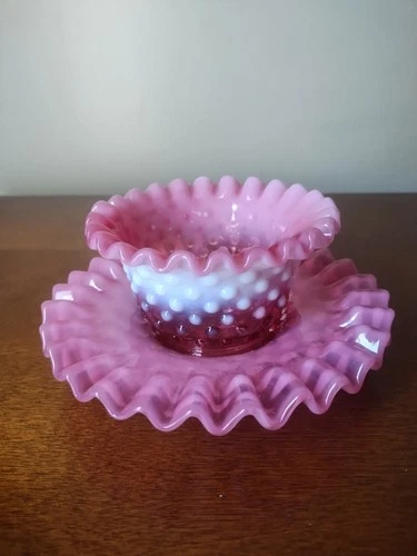 Vtg. Fenton Set Cranberry/Pink Opalescent Hobnob Wavy Edge 6" Dish 4" Rose Bowl