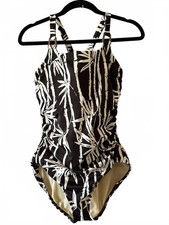 Lands' End Women's One-Piece Swimsuit Size 10 Black with Beige Bamboo Print