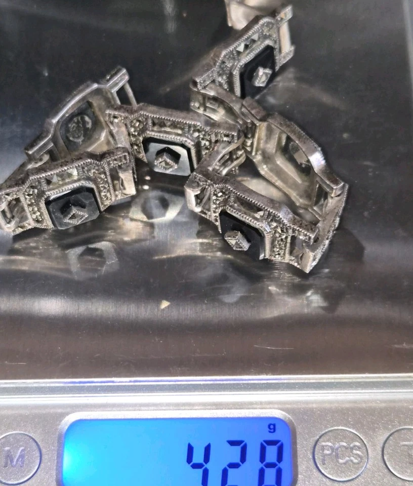 Pulsera Art Deco de ónix y marcasita de ley 8" Foto 4 de 4