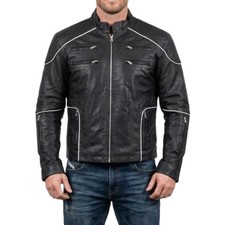 Men's Black Real Leather Jacket Vintage Motorcycle Cafe Racer Jacket Size 3XL