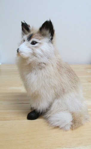 FOX Figurine w/ Real Rabbit Fur Handcrafted Decor Realistic Animal Wildlife 7” H