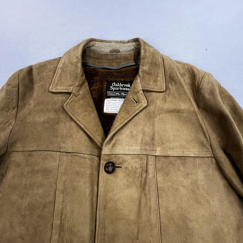 Vintage Oakbrook Sportswear Jacket Mens 42 Brown Suede Coat Faux Fur Lined 60s - Image 2 of 4