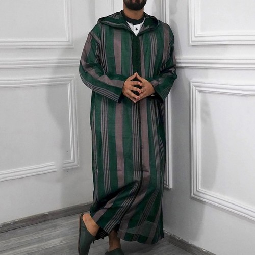 Striped Hooded Men Muslim Robe Zipper Casual Jubba Thobe Long Sleeve Men's