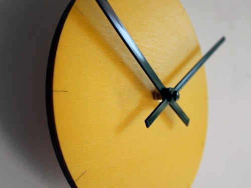 7" Yellow Laser Cut Wood Wall Clock - Minimalist, Quiet, Tiny, Kitchen Marks - Picture 3 of 7