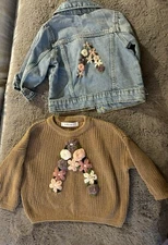 Hand Embroidered Girls Sweater And Jean Jacket Letter Initial “A”. Sz 2T