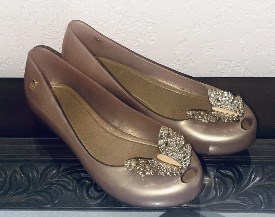 Melissa Disney Cenicienta Zapatos Planos Niñas Dorado Mariposa Punta abierta Talla 1 Juvenil Foto 2 de 3