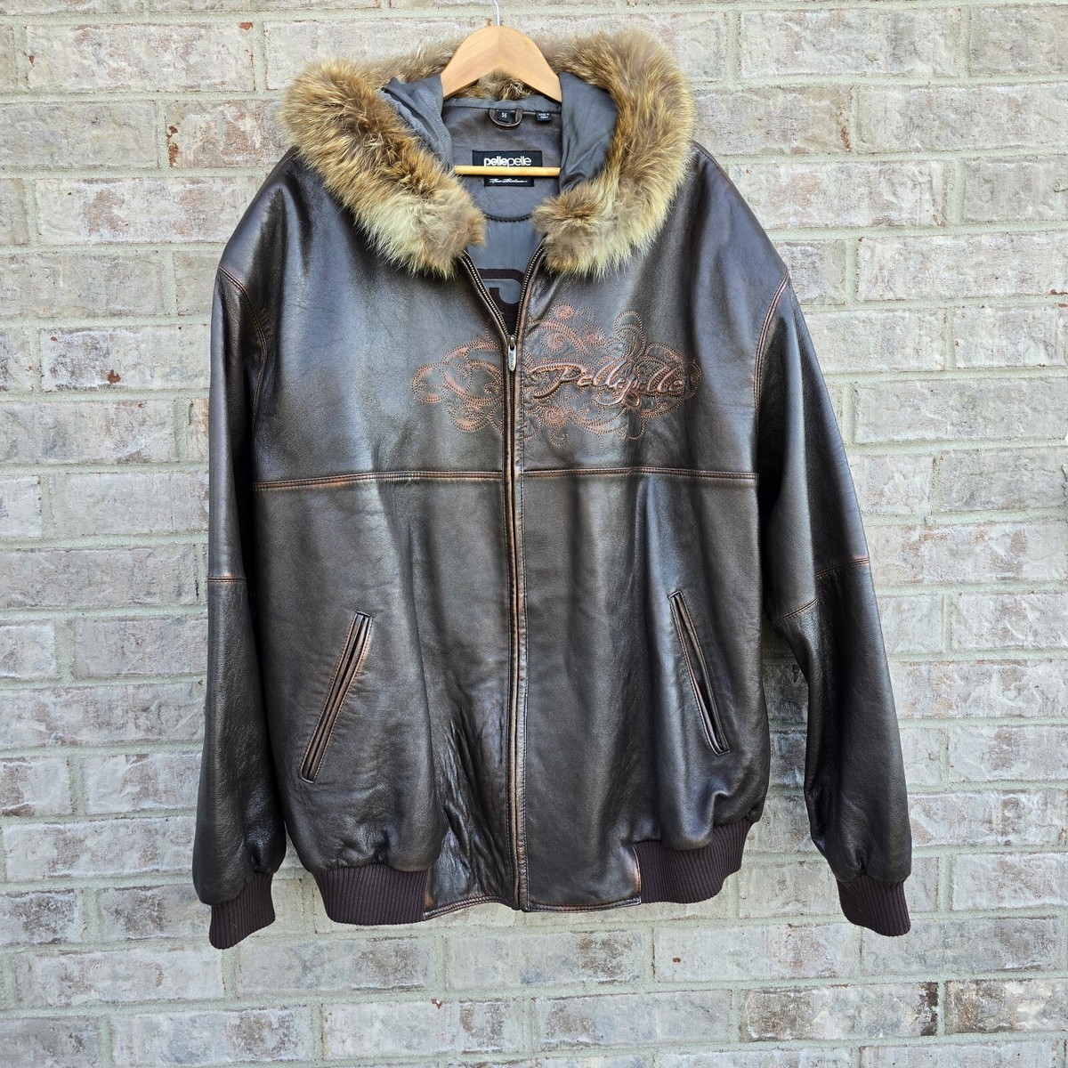 marc buchanan ノーカラー レザー ファー pelle pelle Pelle Pelle Marc Buchanan Mens Leather Coat Jacket Brown