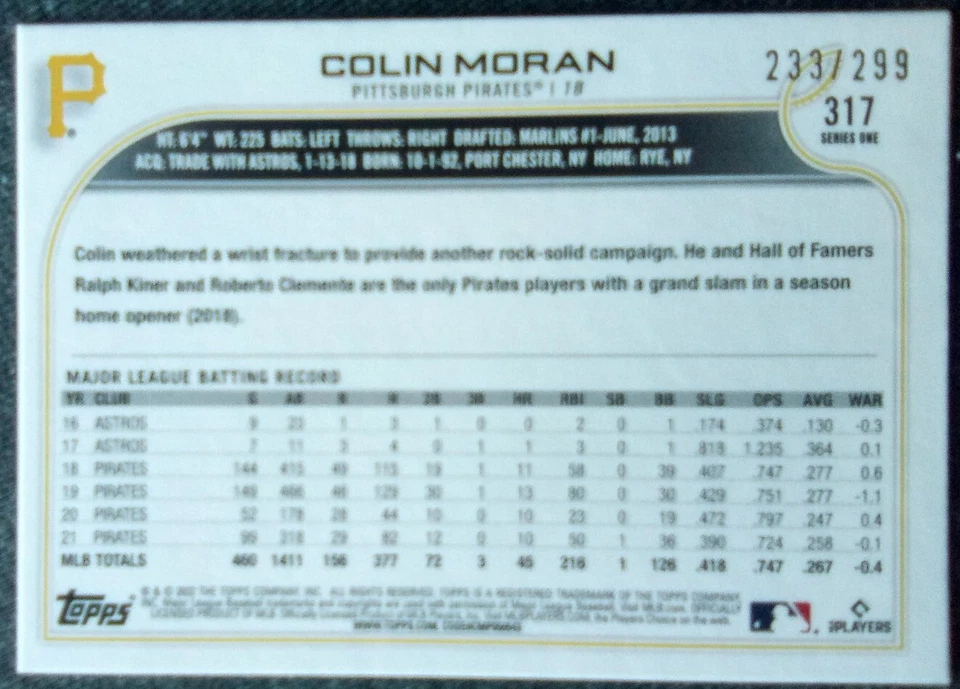 2022 Topps MLB SERIE 1 Orange Foilboard /299 Card #317 COLIN MORAN Pirates - Image 2 of 4