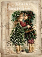 Christmas Holly & Ivy Kiss -Fabric Art Quilt Block -  100% Cotton - 8"x10"  1172