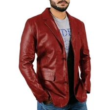 Men's Dark Red Blazer Genuine Lambskin Leather Two Button Jacket Coat Blazer