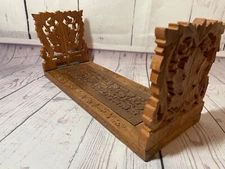 Vintage Ornate India Expandable Carved Wood Book Holder Stand Bookends Floral