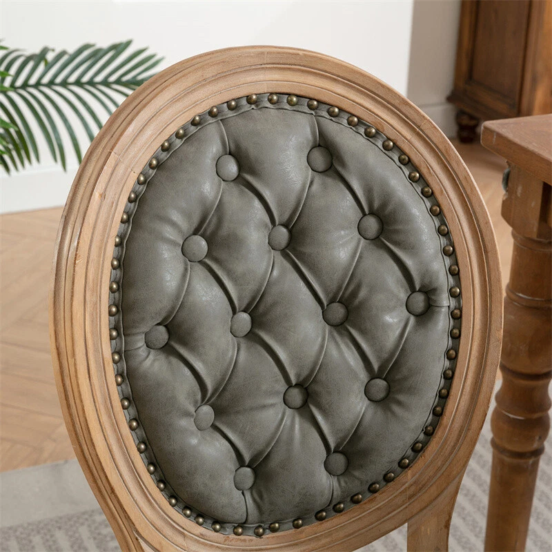 Juego de 2 sillas de comedor tapizadas de cuero PU de madera maciza estilo francés verde oliva Foto 3 de 4