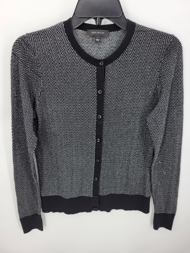 Ann Taylor Cardigan Sweater Womens Small Gray Black Metallic Preppy Career