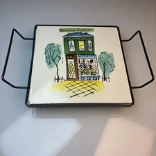 Vintage Ceramic Tile Trivet in Metal Frame “Something Borrowed” Cottage Scene