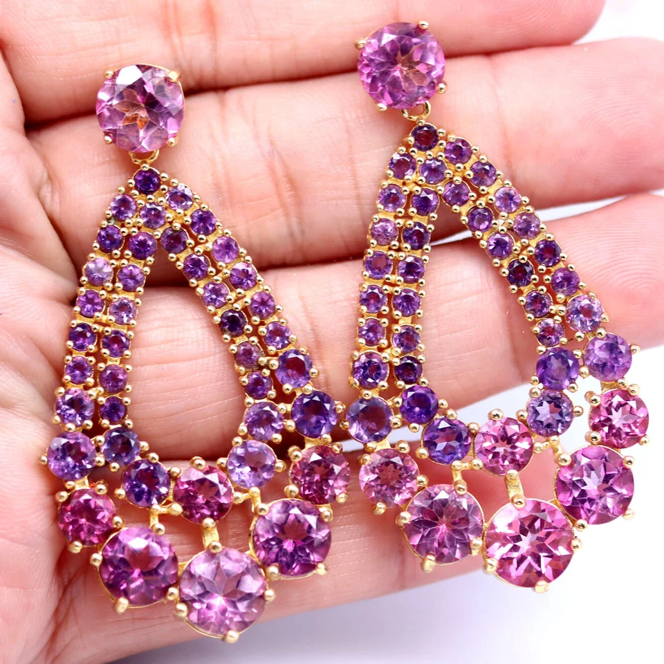 925 Sterling Silver Pink Mystic Topaz & Purple Amethyst Black Friday Earrings - Image 2 of 4
