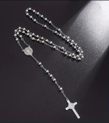 Lady of Guadalupe Stainless Steel Beads Rosary St Benedict Cross Silver Necklace
