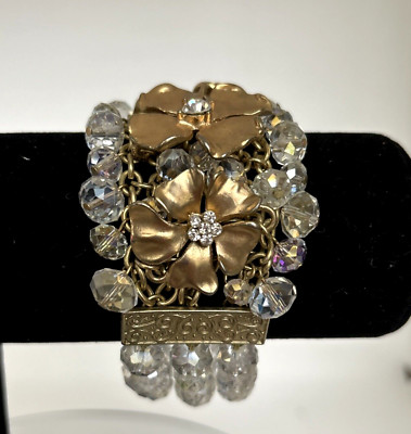 Chunky Cha-Cha Glass Aurora Borealis 3  Strand Bracelet Gold Flowers Rhinestones