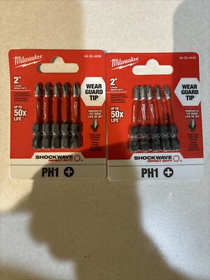 10 New Milwaukee Shockwave 2'' #1 Phillips Impact Power Bits- 48-32-4638- F. Ship