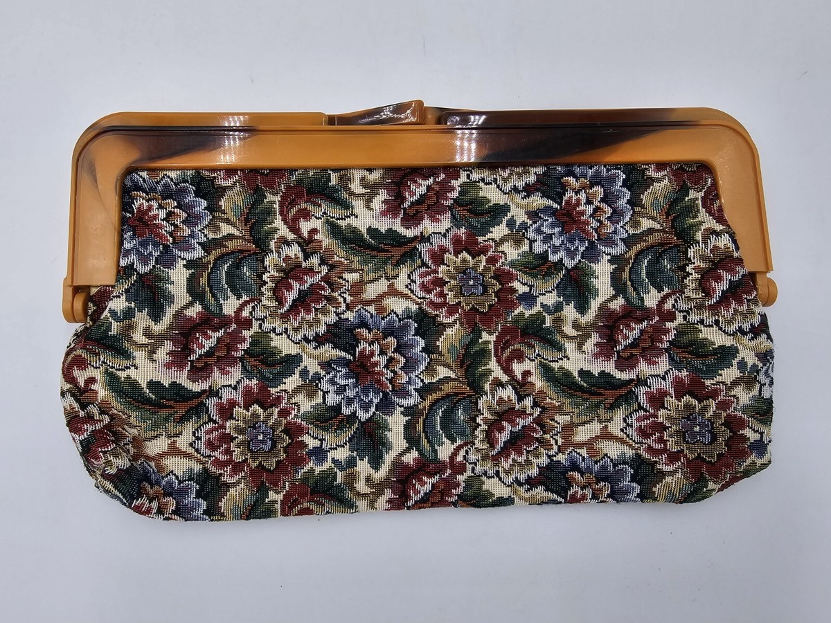 タペストリー Vintage Clutch Purse Handbag Floral Tapestry Lucite Kiss Lock Top