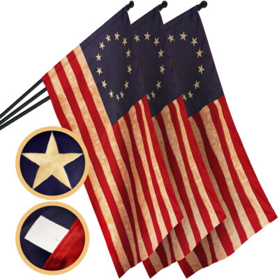 3 Pack: Betsy Ross Tea-Stained Flag 3x5 Ft Pole Sleeve Embroidered 420D Poly