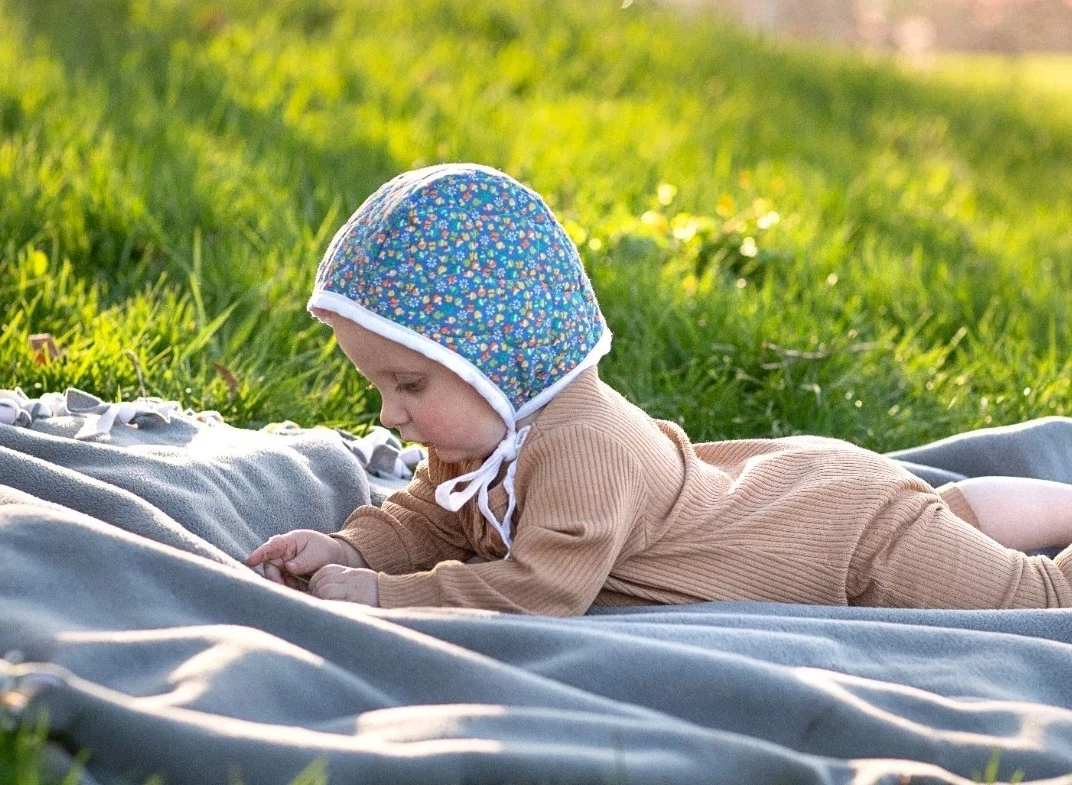 Upcycled Quilted Baby Bonnet Blue Mushroom Fully Lined 6-12 months