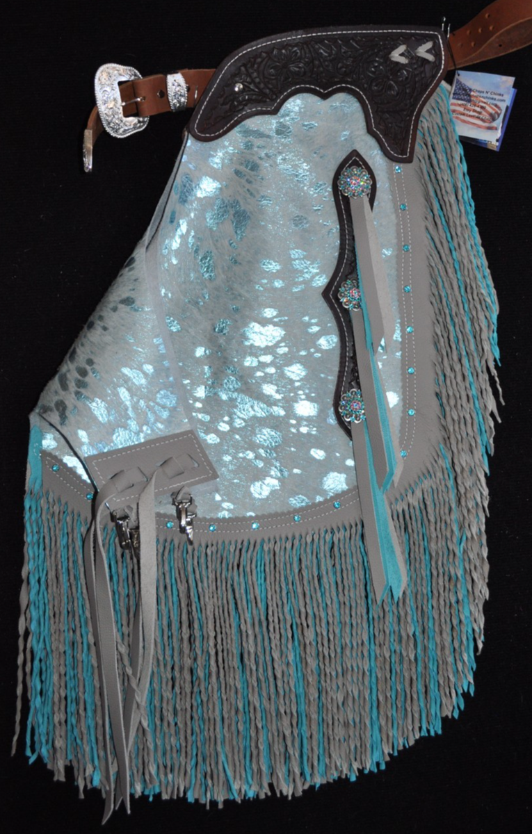 Chinks en cuir sur mesure/Nouveaux Chaps/ Floral sculpté/ Bling/Turquoise/R Bar K - Canada