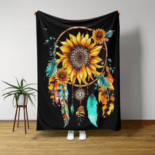 Green Dreamcatcher Sunflower Flannel Blanket Boho Cozy Throw Bed Sofa