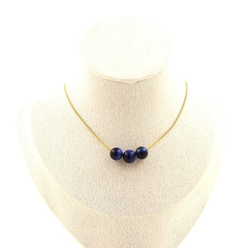 Collar 3 Perlas Ojo De Tigre Azul 8 Mm. Cadena De Acero Dorado Collar Mujeres