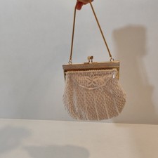 Vintage Ivory Beaded Satin Kiss Lock Clutch w/ Gold Chain Shoulder Strap Lined