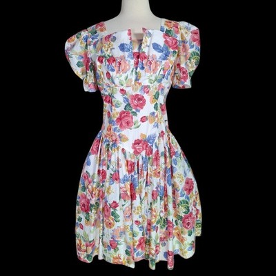 Vintage 80s Robbie Bee Puff Sleeve Floral Cottagecore Dress M 100% Cotton Party