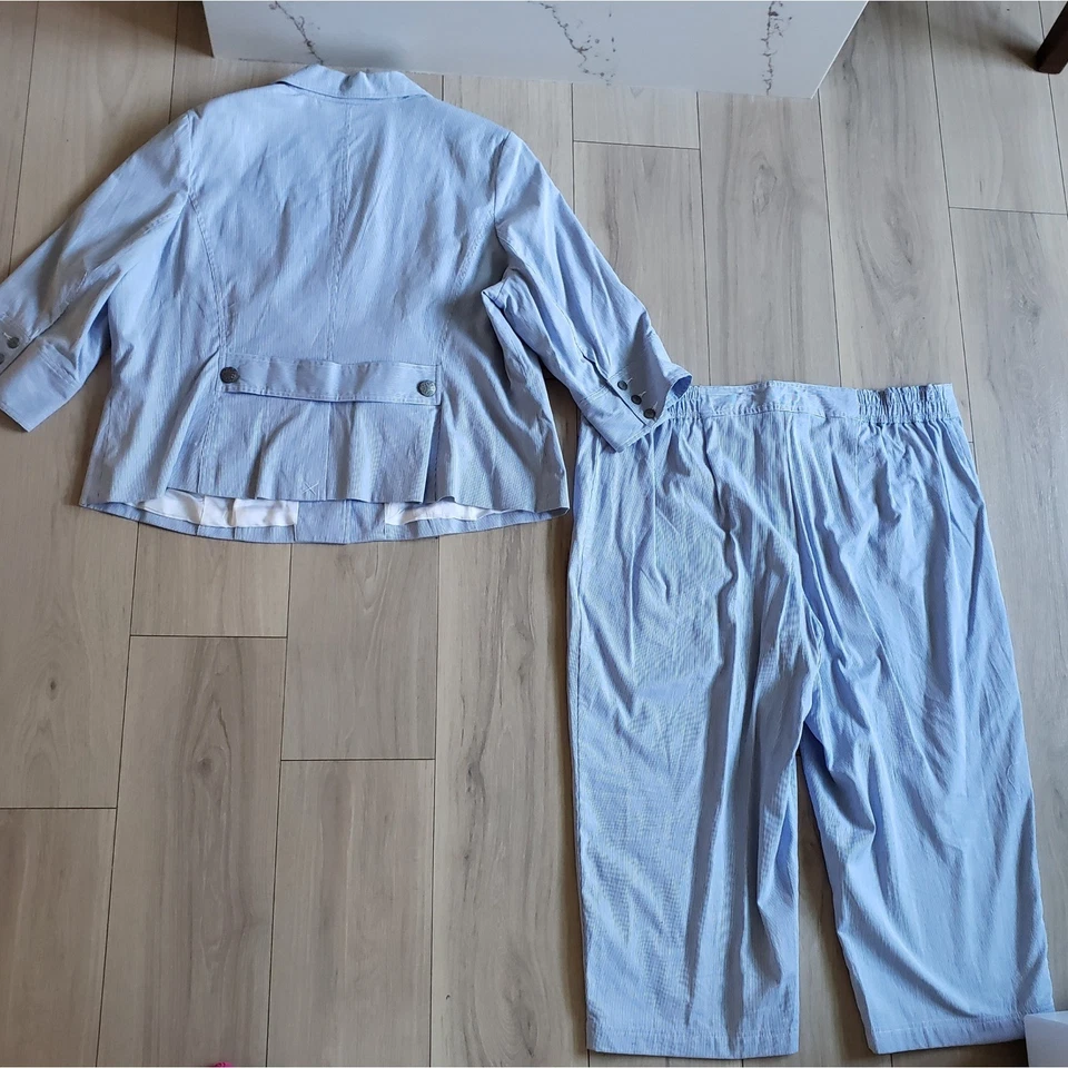 Alexandra Bartlett Suit Set Womens 24W Blue Pin Striped Seersucker Blazer Pants - Image 2 of 4