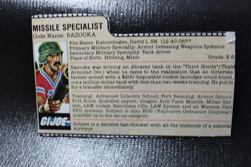 Vintage 1985 GI Joe Missile Specialist BAZOOKA File Card Free Shipping