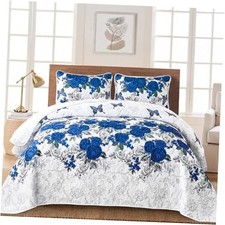 Floral Quilt Set Queen Size Summer Botanical Bedspreads Queen 96"x90" Blue