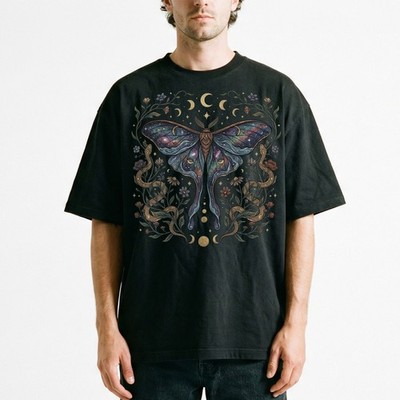 Luna Moth Galaxy Roses T-Shirt Witchy Gothic Celestial Boho Night Sky Gift Tee