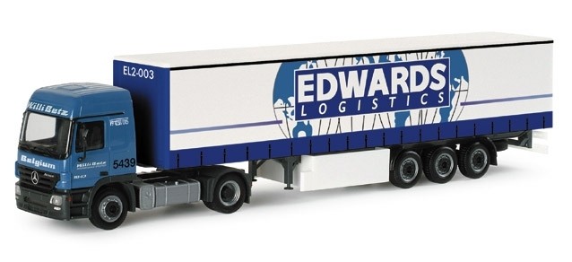 Maquette camion Herpa Mercedes Actros L 02 Edwards Logistics remorque 3 essieux HO