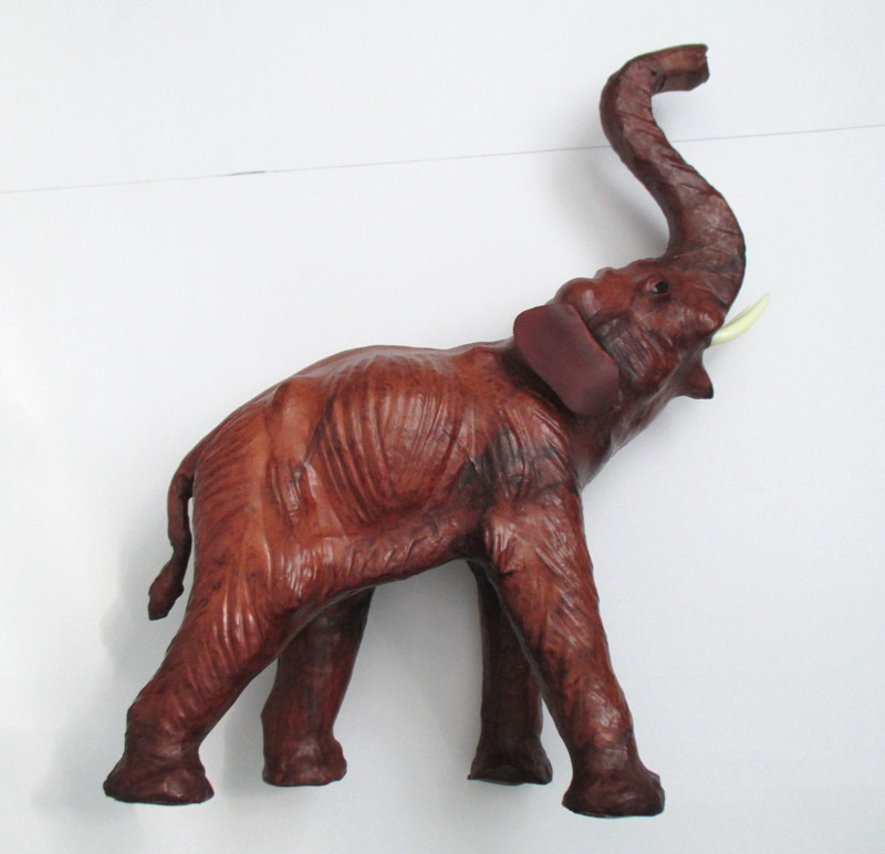 Brown Leather Wrapped Elephant Handmade Figure Glass Eyes 20" Statue MCM 70s EUC