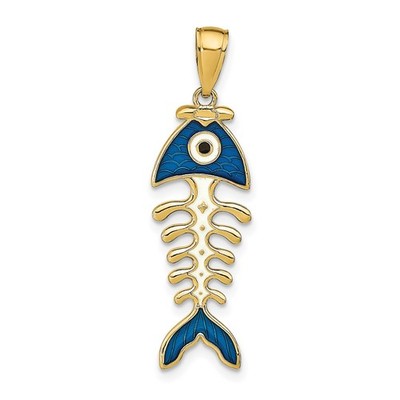 14k Gelbgold Fischgräten Anhänger Blau Emaille Evil Eye Charm Unisex Talisman