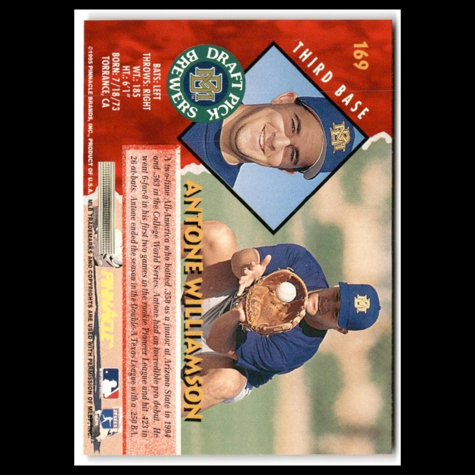 Antone Williamson Rookie #169 1995 Pinnacle Milwaukee Brewers Baseball Card MLB - Image 2 of 3