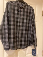 George Poplin Button-Up Shirt Men's Sz L Black Cotton Long Sleeve Plaid