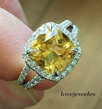 4CT Yellow Cushion Cut Genuine Citrine Split Shank Halo Wedding Ring 925 Silver