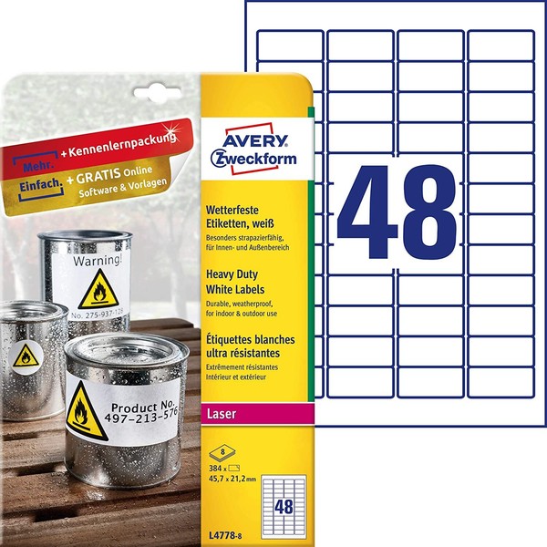 Avery Zweckform L4778-8 Wetterfeste Folienetiketten (45,7X21,2 Mm Auf Din A4, Ex-image