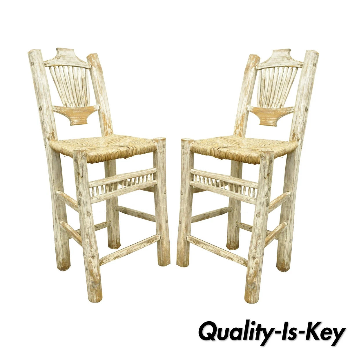 2 Rustic Country Log Cabin Wood Branch Rush Seat Bar Stools Chair Hickory Style