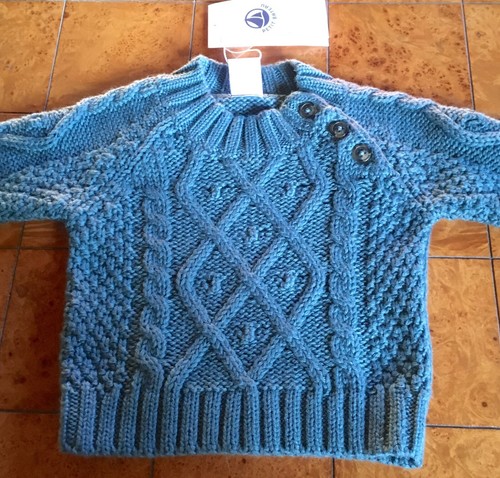 PETIT BATEAU FRENCH BABY SWEATER~TEAL GREEN IRISH CABLE KNIT~WOOL&COTTON~NEW~3M
