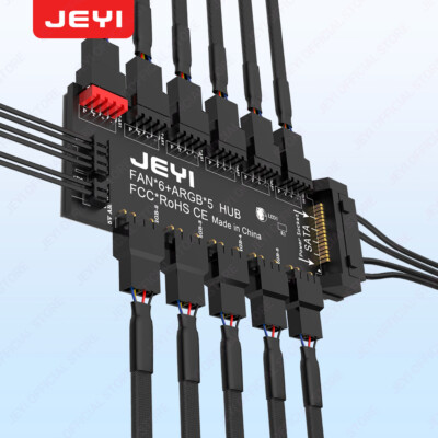 JEYI ARGB PWM 5 Way Fan Hub, ARGB 2-in-1 Hub, w/RGB Fan, w/RGB Strip Splitter