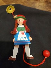 De colección 1982 Tire de Cuerda Niña Holandesa Adorno de Navidad Brazos y Piernas de Madera Mover
