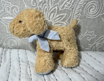 Carter s Prestige Brown Tan Puppy Dog Curly Plush Rattle Blue Gingham Bow 7 