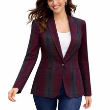 LOFT Plaid Blazer Size 12 Single Button Lined Jacket Preppy Burgundy Green Navy